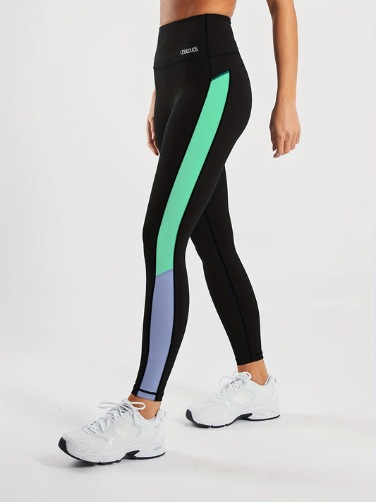 Women's High-Waisted Yoga Leggings - Full-Length Black with Neon Green & Blue Vertical Stripe Contrast, Breathable Stretchy Workout Pants for Gym, Pilates, Running, Tennis | Spring/Fall Casual Athletic Wear, Machine Washable