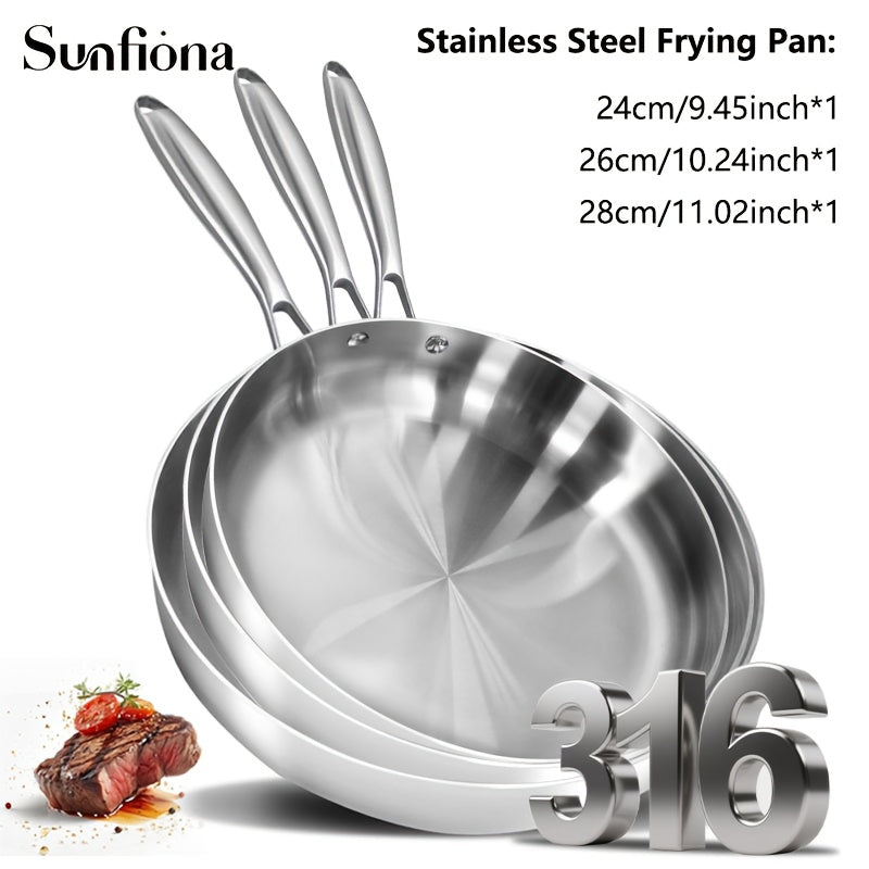 3pcs Sunfiona 316 Stainless Steel Bright Surface Frying Pan, Three-Layer Steel Material, Uncoated Frying Pan, Long-Handled Frying Pan, Wok, Suitable for A Variety Of Induction Cookers, Ovens, Fast Heating, Dishwasher Safe, Ho