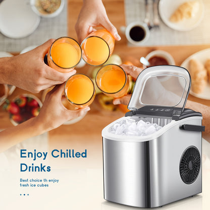 Máquina de gelo portátil, para bancada, produz 9 cubos de gelo em 6 minutos, 12 kg em 24 horas, inclui pá e cesto para gelo, ideal para casa, cozinha ou escritório, em aço inoxidável.