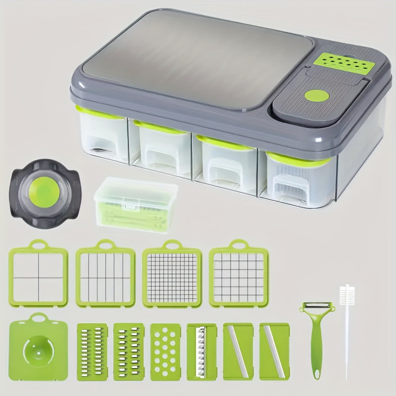 1pc Multifunctional Vegetable Chopping Box with Built-in Cutting Board and Various Blades, Stainless Steel Kitchen Slicer for Fine Slicing, Dicing, Strips, Egg Yolk Separation, Food Storage Container, Vegetable Cutter and Min