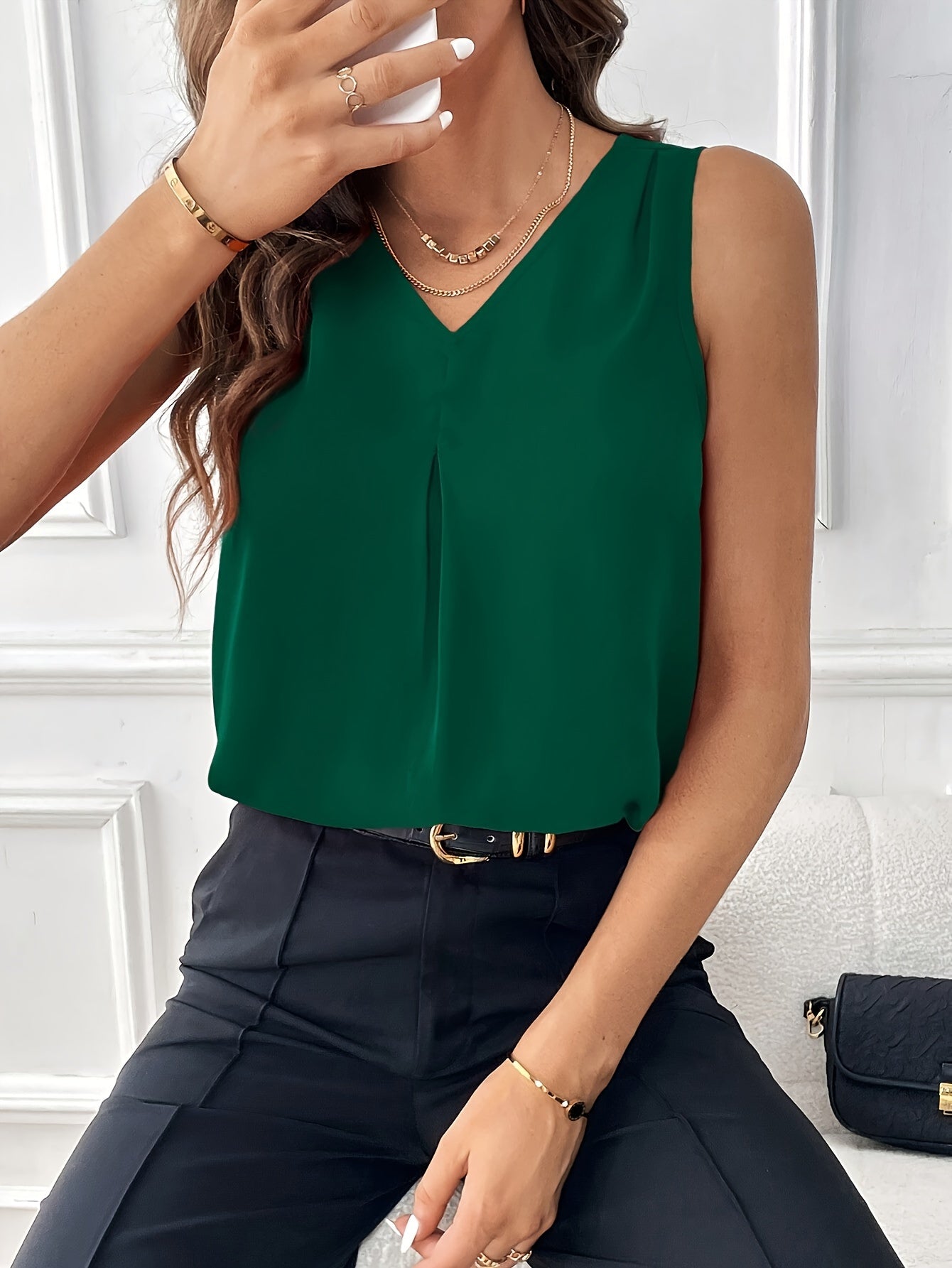 Solid Color V-neck Simple Blouse, Elegant Sleeveless Loose Blouse For Spring & Summer, Women's Clothing