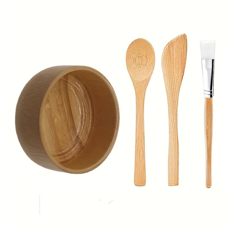 4pcs Bamboo DIY Face Mask Mixing Kit - Includes Bowl, Spatula, Brush & Beauty Scoop - Alcohol-Free, No Batteries Required