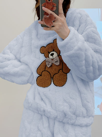 New Autumn and Winter Thick Warm Pajama Set with Jacquard Velvet Long-Sleeve Bear Top and Flannel Pants for Winter