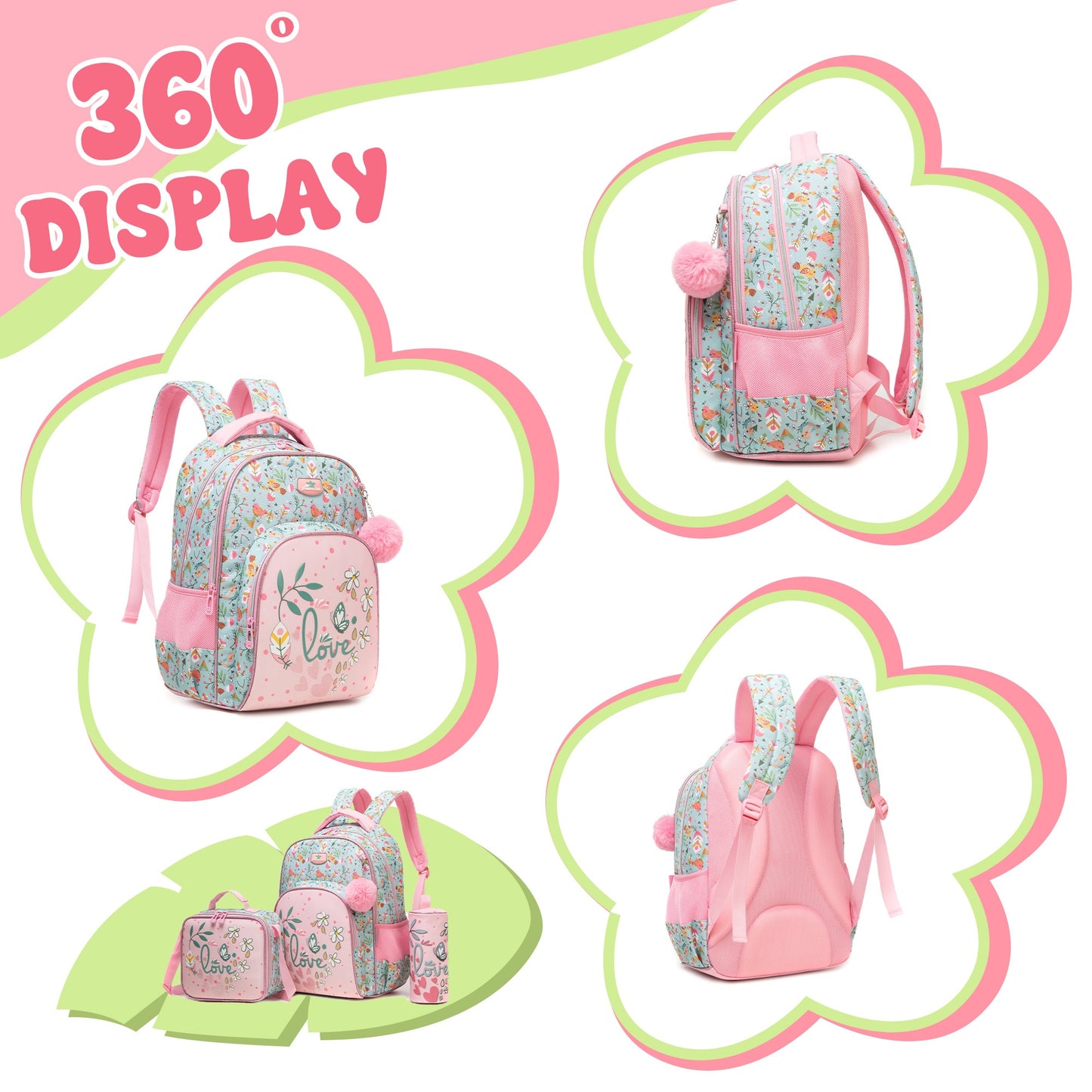 Adorable Girls Backpack 3pcs Set with Lunch Bag and Pencil Case Kids Carry On Backpack School Essentials Playdate Adventures Back to School Gift