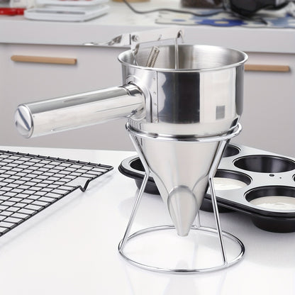 1pc, Stainless Steel Piston Funnel, Octopus Balls Tools With Rack, Batter Dispenser Cake Decorating Tool, Funnel Dispenser With Stand For Takoyaki And Baking, Kitchen Utensils, Apartment Essentials, College Dorm Essentials, B