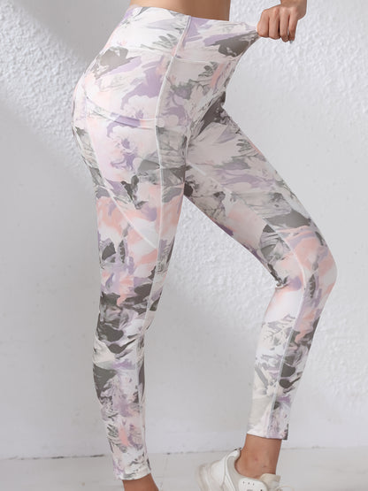 Women's High-Waisted Yoga Leggings with Pockets - Tummy Control Butt-Lifting Workout Pants, Floral Print, Stretchy Polyester/Elastane Blend, Machine Washable for Gym, Running & All-Season Wear
