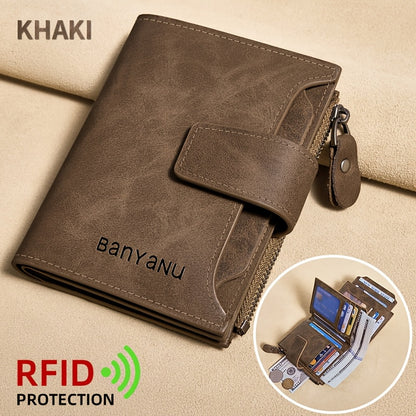 BANYANU Vintage Genuine Leather Wallet for Men - RFID Blocking, 17 Card Slots, Zippered Coin Pocket & Independent Card Holder, Brown, Perfect Father'S Day Gift, Secure Card Storage | Vintage Wallet | Durable Zipper Closure, B