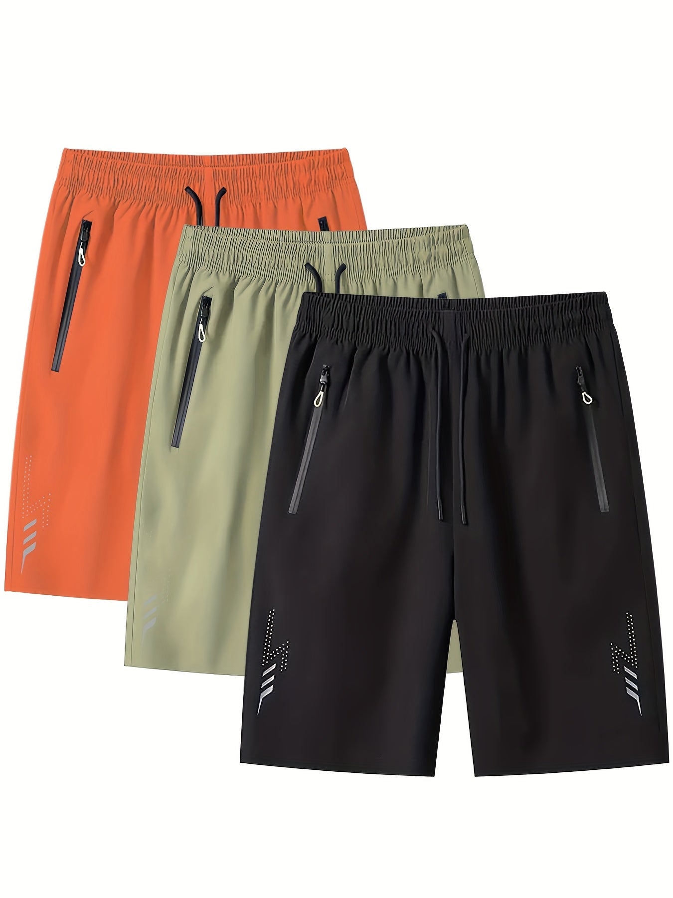 3pcs Men's Lightweight Quick-Dry Athletic Running Shorts - Loose Fit Plus Size, Zipper Pocket & Elastic Waistband, Polyester/Elastane Blend Swim Shorts with White & Black Design for Gym, Beach, Jogging - Summer Workout Swim T