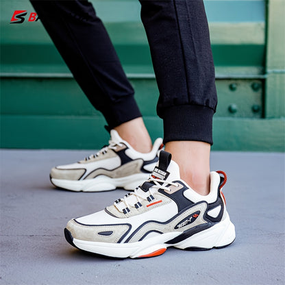 BAASPLOA Men's Sneakers - Lightweight Sneakers with Cushioned MD/TPR Sole, Beige/Black/Red Accent - Gym, Running, Everyday Shoes - Lace-Up Closure - All-Season (Spring/Fall/Summer) - Ideal for Men, Flexible Footwear