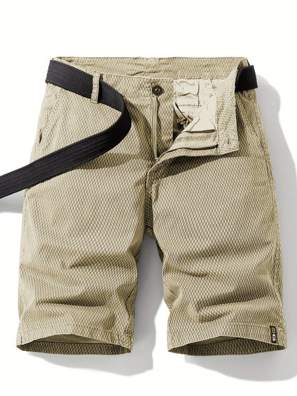 Men'S Casual Cargo Shorts with Striped Design, Elastic Waistband & Multiple Pockets - Beige/Black Regular Fit for Outdoor, Sports & Casual Attire (Belt Not Included), Outdoor Apparel, Functional Pockets, Nonelastic Fabric