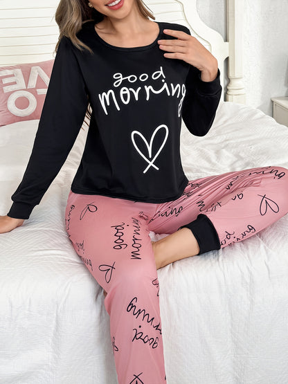 Conjunto casual para mulher para usar em casa, em todas as estações, com blusa de manga comprida com estampado de letras e corações em estilo cartoon, gola redonda e detalhes em patchwork.