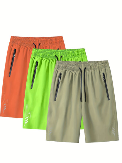 3pcs Men's Lightweight Quick-Dry Athletic Running Shorts - Loose Fit Plus Size, Zipper Pocket & Elastic Waistband, Polyester/Elastane Blend Swim Shorts with White & Black Design for Gym, Beach, Jogging - Summer Workout Swim T