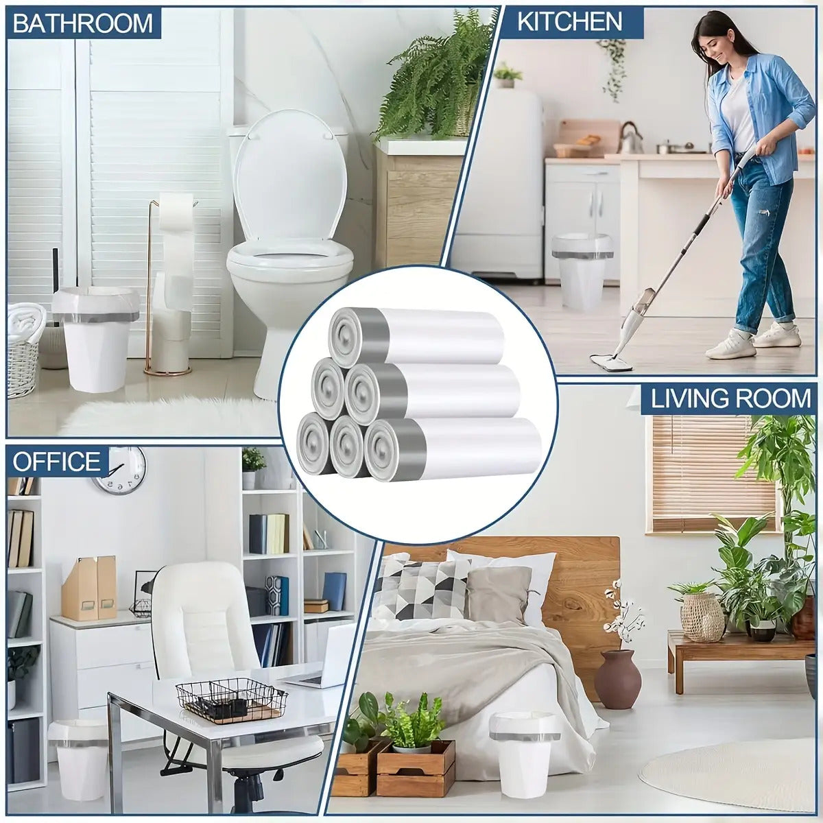 90pcs (6 Rolls) Heavy-Duty Large Reinforced Trash Bags with Heavy-Duty Reinforced Seams & Sturdy White Side/Top Handle - Heavy Weight 10kg/22 Capacity, Thick Polypropylene, Bathroom, Office, Home - 10L/30L Equivalent