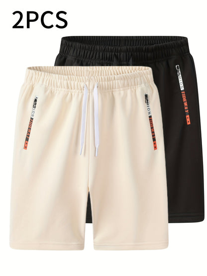 2pcs Men's Casual Outdoor Shorts - Summer Men's Casual Shorts with Zipper Pockets, Minimalist Multi-Pocket Design for Daily Wear, Running, Fitness & Travel, 100% Polyester Knit Fabric, Drawstring Waistband, Machine Washable,