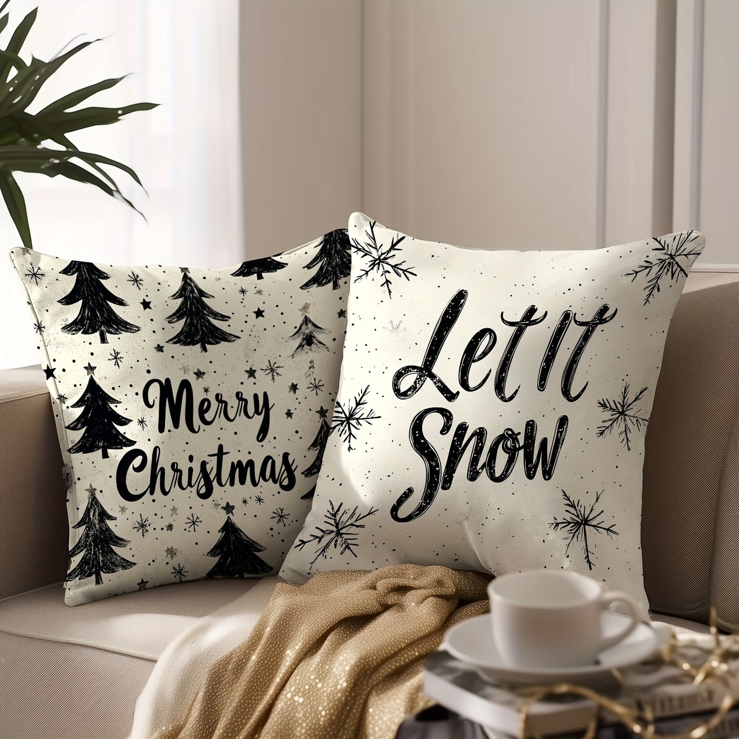 Set of 4 Christmas Throw Pillow Covers - Contemporary Style, 45.72x45.72 cm, Zipper Closure, Machine Washable, Polyester Decorative Pillowcases for Living Room, Holiday Snowman & Tree Design, Woven Fabric, Pillow Insert Not I