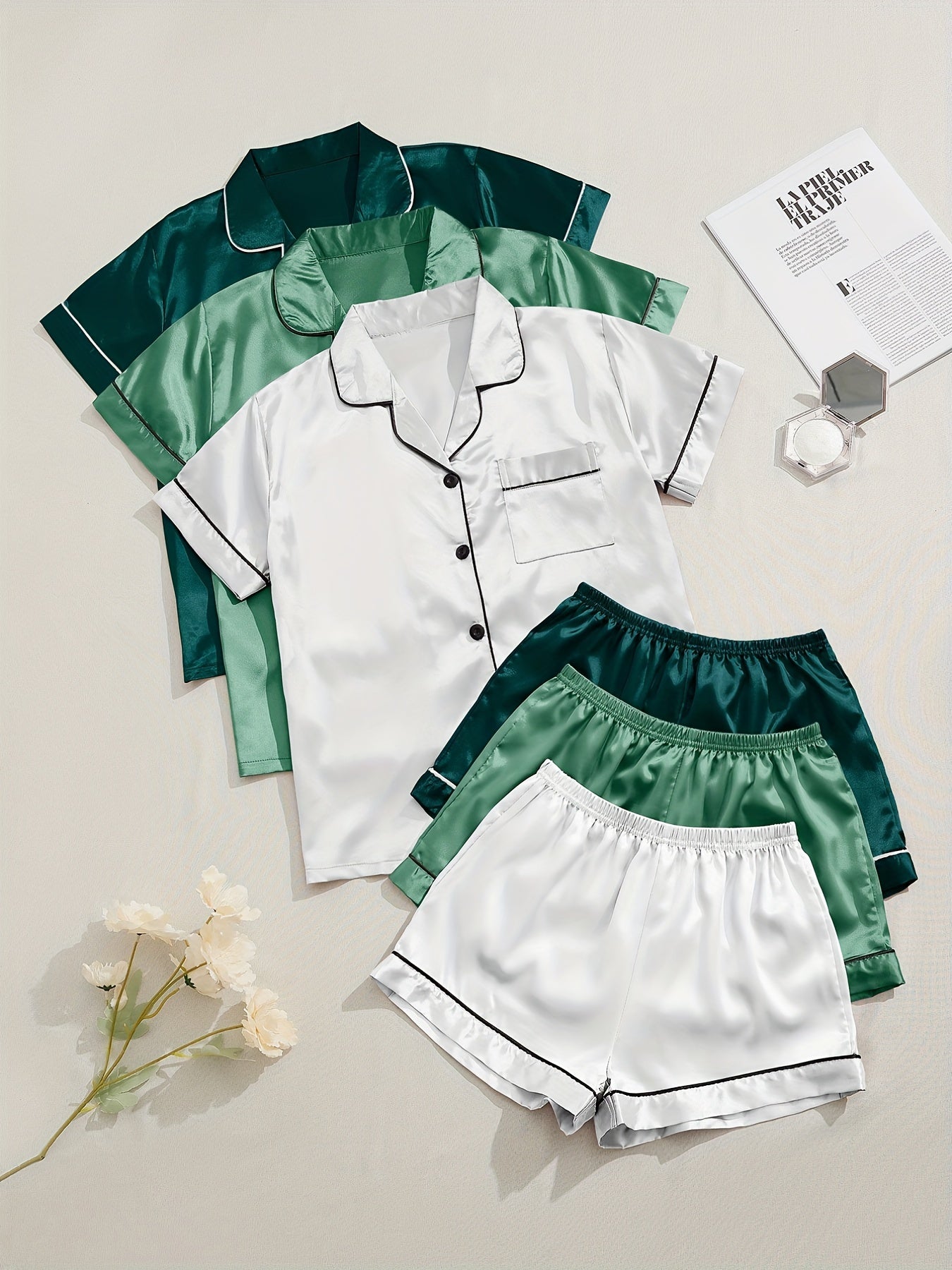 3 Sets Satin Pajama Set, Short Sleeve Lapel Top & Elastic Waistband Shorts, Women's Sleepwear & Loungewear