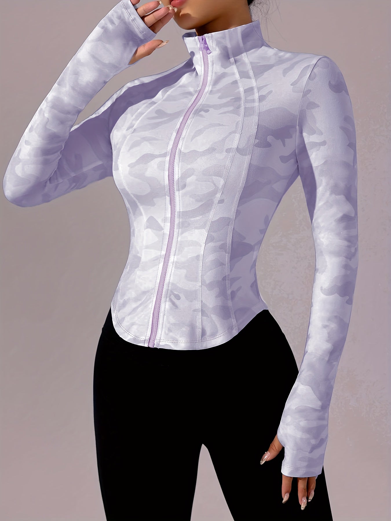 Zip-Up Stand Collar Sports Jacket, Half-Finger Long Sleeve Top with Camouflage Print, Suitable for Outdoor Fitness, Hiking, Golf, Tennis, Badminton, Bowling, Daily Walks and Shopping, Gym/Home Workout, Meditation, Versatile,