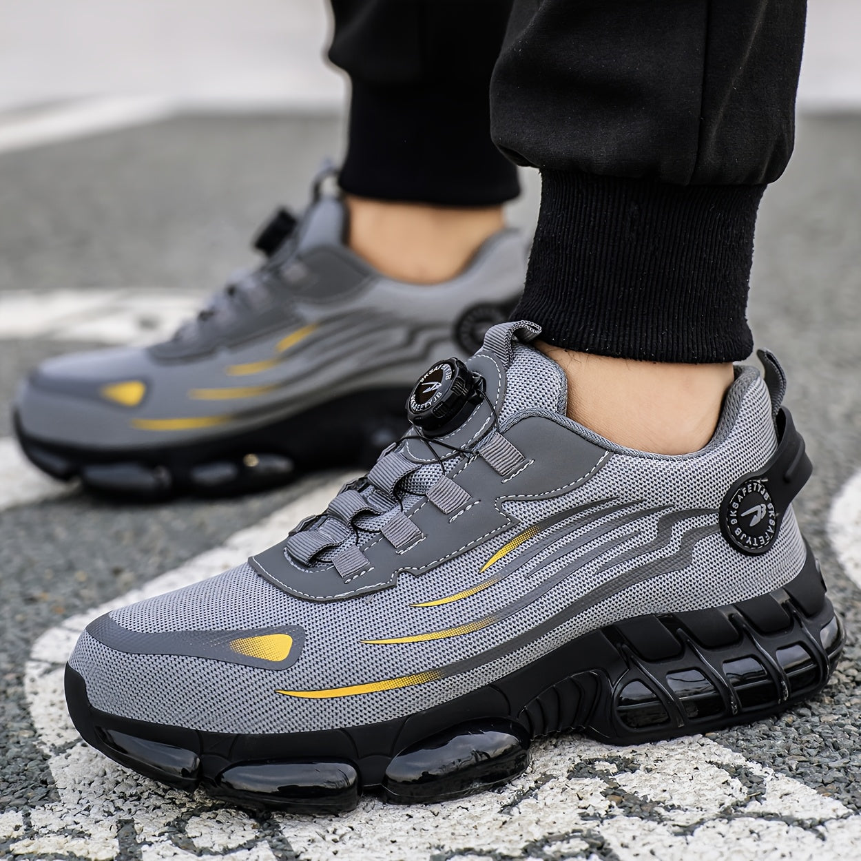 Sapatos de trabalho para homem da moda: leves, confortáveis, duráveis, com sola antiderrapante, biqueira de aço resistente à pressão, tecido respirável, elástico ajustável e design sem fivela.