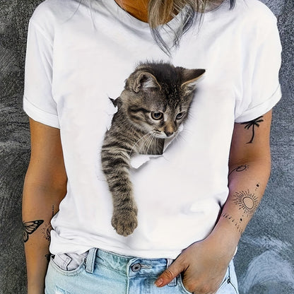 Cute Cat Print T-Shirt, Crew Neck Short Sleeve T-Shirt, Casual Every Day Tops, Women's Clothing