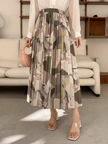 Saia midi plissada com estampado geométrico elegante para mulher - Versátil, moderna, em tecido de poliéster sem elasticidade, lavável à máquina - Perfeita para todas as estações | Barra assimétrica | Caimento confortável