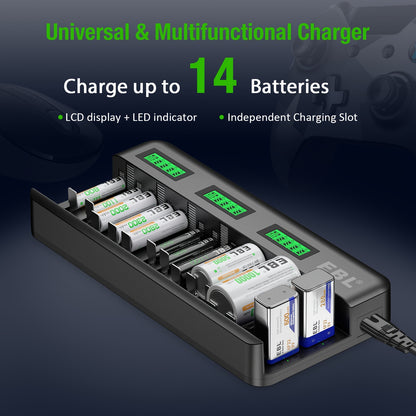 EBL 12+2 Bay LCD Rechargeable Battery Charger For AA AAA C D Ni-MH Ni-CD Rechargeable Batteries & 9V NiMH Ni-CD Li-ion Rechargeable Batteries