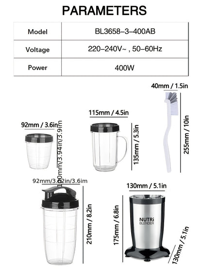 Smoothie Blender, Milkshake And Smoothie Blender, 15pcs Kitchen Personal Blender And Grinder Combo, Single Blender for Making Juice, Baby Food And Nutritional Recipes with Clean Brush