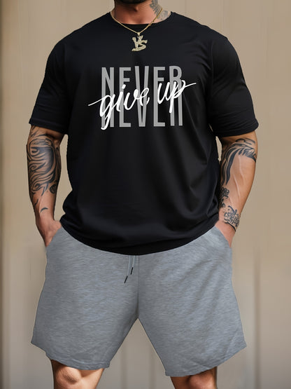 Men's Fashion NEVER GIVE UP Letter Print Loungewear Set, Short Sleeve Crew Neck Graphic T-shirt & Drawstring Shorts With Pockets, Casual Pajama Set, Men's 2piece Outfits