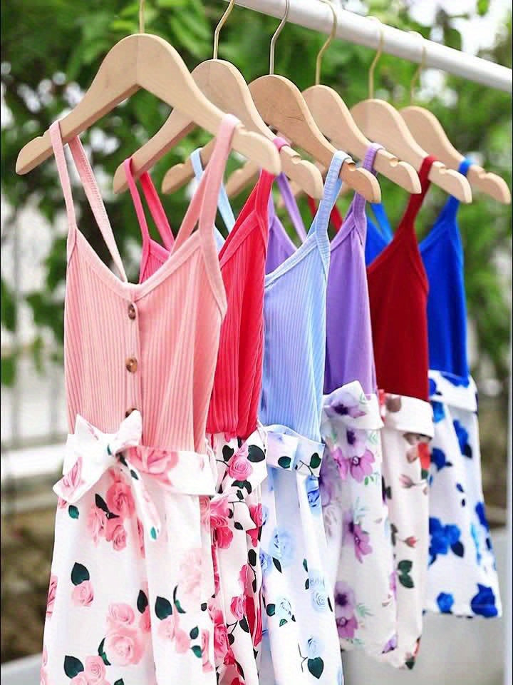 Girls' Summer Casual Floral Print Off-Shoulder Jumpsuit with Adjustable Waist Belt - Lightweight Breathable Shorts for Outdoor Play & Daily Wear, Blue & White Flower Design, Perfect for Weekend Outings, Cute Outfits for Girls