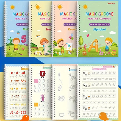 4 livros + 1 caneta + 6 recargas de caneta + 1 porta-canetas, caderno de caligrafia infantil, livro de exercícios infantil, livro de palavras mágicas, livro de atividades para educação infantil