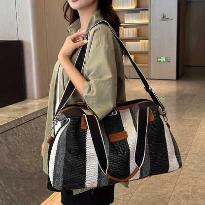 HUOHUO Women's Large Capacity Retro Striped Travel Handbag & Carry-On Luggage - Lightweight Nylon Suitcase with Adjustable Strap, Golden-Tone Hardware, Zipper Closure & Lining - Casual & Formal Use for Airplane, Train, Car Tr