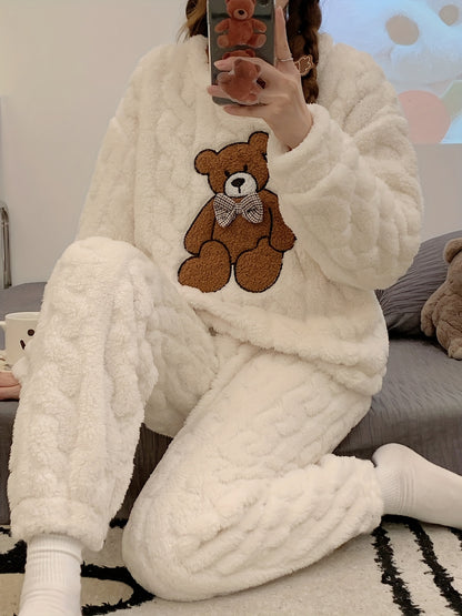 New Autumn and Winter Thick Warm Pajama Set with Jacquard Velvet Long-Sleeve Bear Top and Flannel Pants for Winter