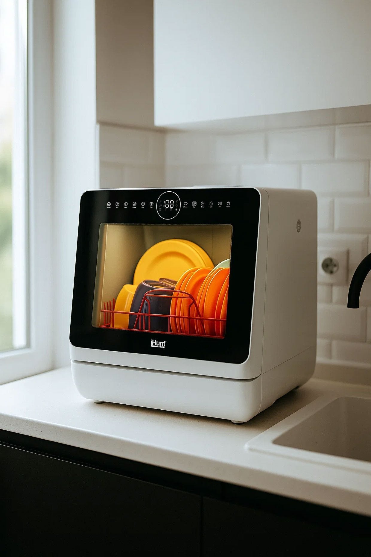 Máquina de lavar loiça compacta Ihunt Bro Xpert, Turbo Clean, 950W, com bomba de drenagem, controlo digital, classe B, 6 programas, aquecimento/secagem, torneira de abastecimento de água/manual, depósito de água de 5L, 45cm, branco