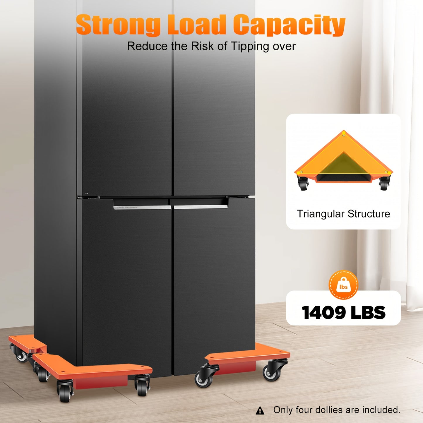 4pcs Heavy-Duty Corner Mover Dolly Set with Triangular Frame & 639.11 KG Capacity - All-Terrain Moving System with Locking Mechanism, Sturdy Carbon Steel Construction & PU Wheels for Pianos, Refrigerators, Cabinets, Washing M