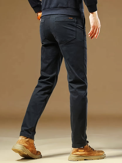 Men's Solid Navy Blue Straight-Leg Dress Pants - All-Season Full-Length Formal & Business Casual Trousers with Zipper Closure, Machine Washable, Durable Comfort Fit for Office, Semi-Formal & Casual Attire - Versatile Solid Co