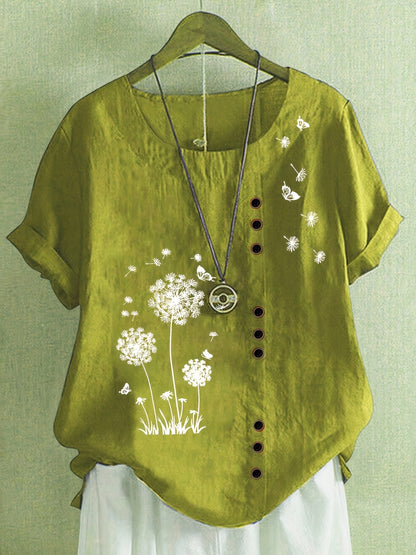 Dandelion Print Button Decor T-Shirt, Casual Crew Neck Short Sleeve T-Shirt For Spring & Summer, Women's Clothing