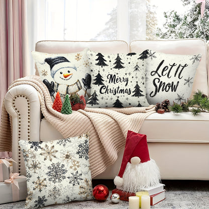 Set of 4 Christmas Throw Pillow Covers - Contemporary Style, 45.72x45.72 cm, Zipper Closure, Machine Washable, Polyester Decorative Pillowcases for Living Room, Holiday Snowman & Tree Design, Woven Fabric, Pillow Insert Not I