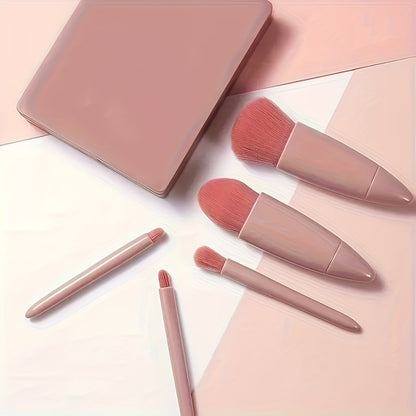 5pcs Makeup Brush Set with Mirror - Nylon Bristles, Fragrance-Free for All Skin Types, Includes Oval Foundation & Blending Brushes