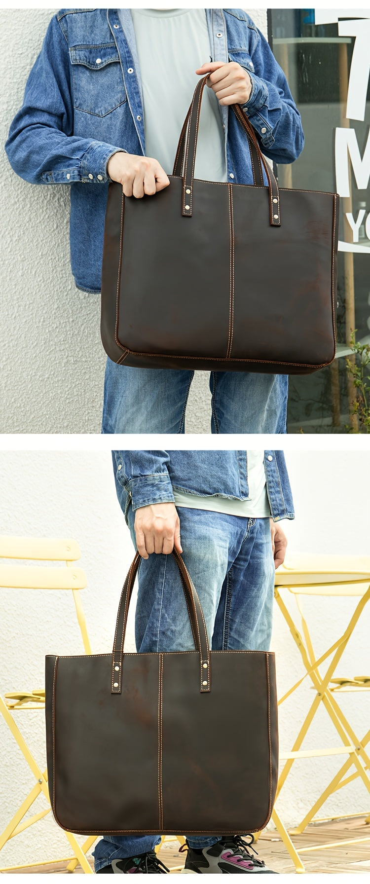 NIUCUNZH Men's Vintage Genuine Leather Tote Bag, Top Layer Cowhide, Large Capacity Shoulder Bag for Going Out, Briefcase Style Handbag, Maintenance Free