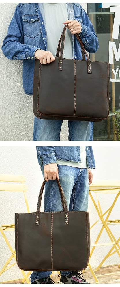 NIUCUNZH Men's Vintage Genuine Leather Tote Bag, Top Layer Cowhide, Large Capacity Shoulder Bag for Going Out, Briefcase Style Handbag, Maintenance Free