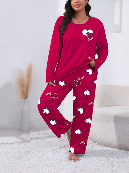 Autumn And Winter Large Size Black Crew Neck Cartoon Small Love Two-Color English Pattern Print Casual And Comfortable Sister Two-Piece Pajama Set
