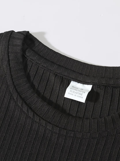 Ribbed Men's Casual Stretch Breathable Lightweight Long Sleeve Round Neck T-shirt For Spring Fall, Running Training