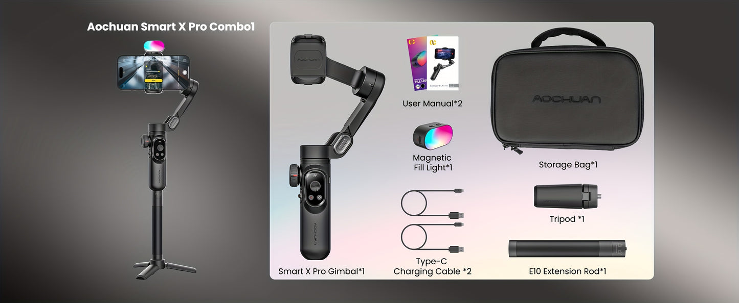 AOCHUAN SmartX Pro Combo 1 - Wireless Phone Gimbal Stabilizer with RGB Light, Extended Rod, and Carrying Case for YouTube & TikTok Video Creation (15 Pro Max Compatible), YouTube Video Stabilizer | Modern Gimbal Design | Comp