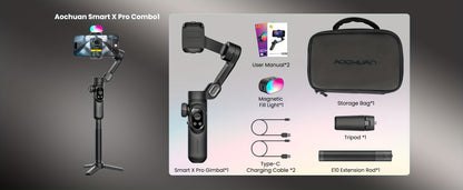 AOCHUAN SmartX Pro Combo 1 - Wireless Phone Gimbal Stabilizer with RGB Light, Extended Rod, and Carrying Case for YouTube & TikTok Video Creation (15 Pro Max Compatible), YouTube Video Stabilizer | Modern Gimbal Design | Comp