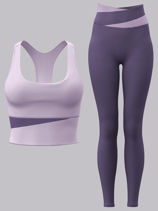 2pcs Women'S Sports Set with Sports Bra and Leggings, Color Block Design Suitable for Cycling, Fitness, Yoga, Running