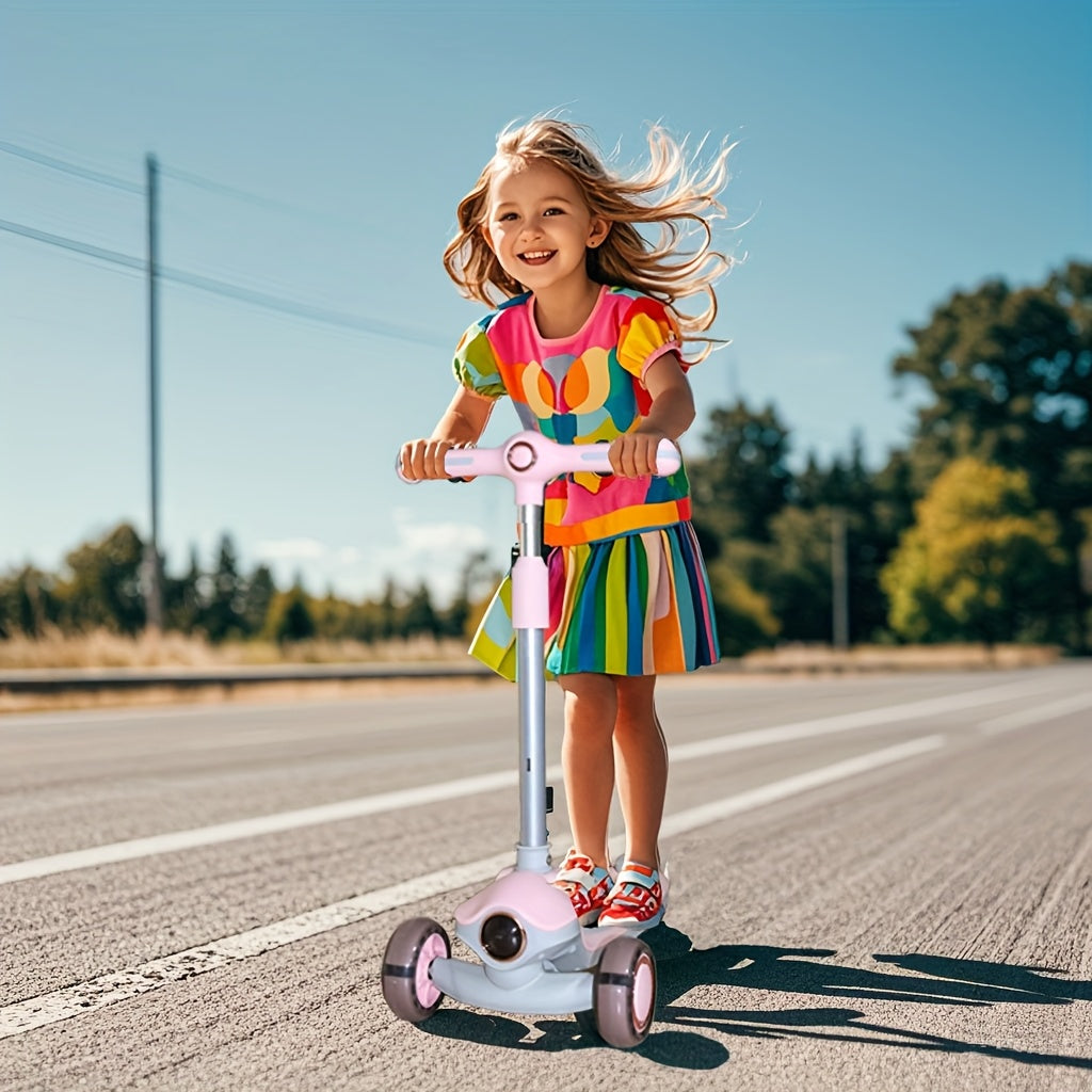 Kids Scooter with Foldable Seat & 2-in-1 Sit & Stand Modes, 5-Level Adjustable Handlebar, Pink with LED Lights & Music, 2-Wheel Stability, Front Brakes & Rear Suspension, Heavy-Duty Construction for Boys & Girls 3-12 Years (B