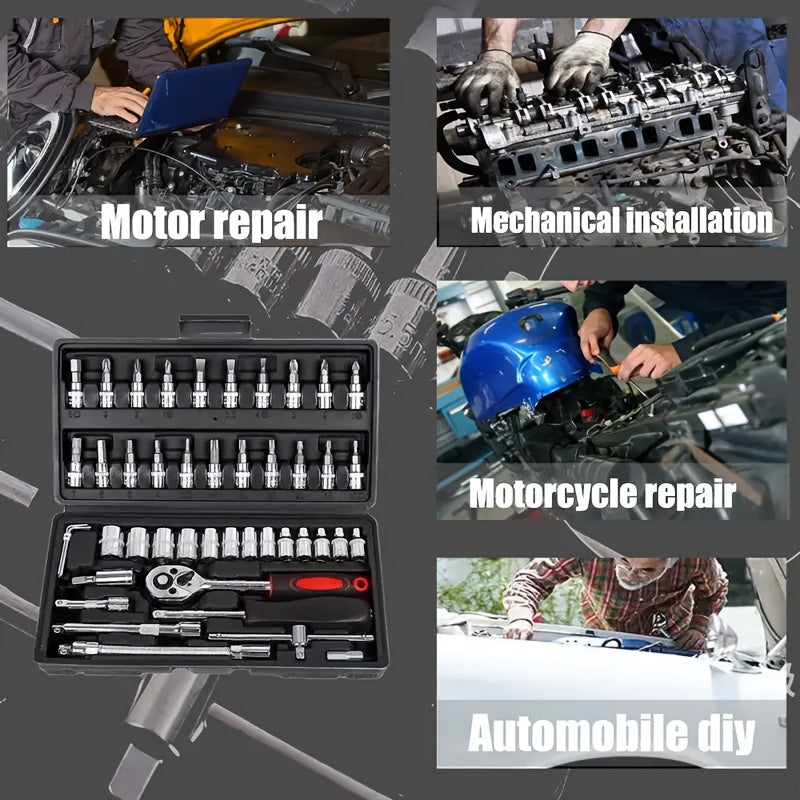 46pcs Motorcycle And Car Repair Toolkit: Ratchet Torque Wrench, Wrench, Screwdriver, Socket Set - Perfect For Motorcycle And Car Repairs!