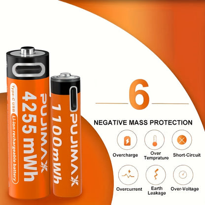 Pacote combinado de pilhas de lítio recarregáveis ​​​​PUJIMAX AA4255mWh + AAA1100mAh, 1,5V, 2+2/4+4/8+8 unidades, compatíveis com 90% dos dispositivos eletrónicos, duráveis ​​e de longa duração, com baixo consumo de energia.