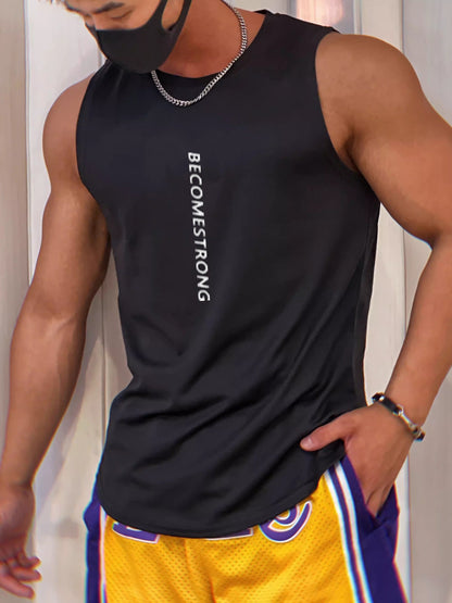 Letter Print Comfy Breathable Tank Top, Men's Casual Stretch Sleeveless T-shirt For Summer Gym Workout Training Basketball