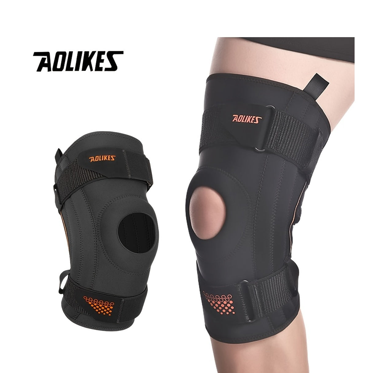 AOLIKES Unisex Spring-Loaded Knee Brace - Black with Orange Accents, Adjustable Straps & Breathable Design for Running, Sports, and Joint Support, Knee Brace for Running, Sports Knee Support, Sleek Knee Brace, Durable Knee Br