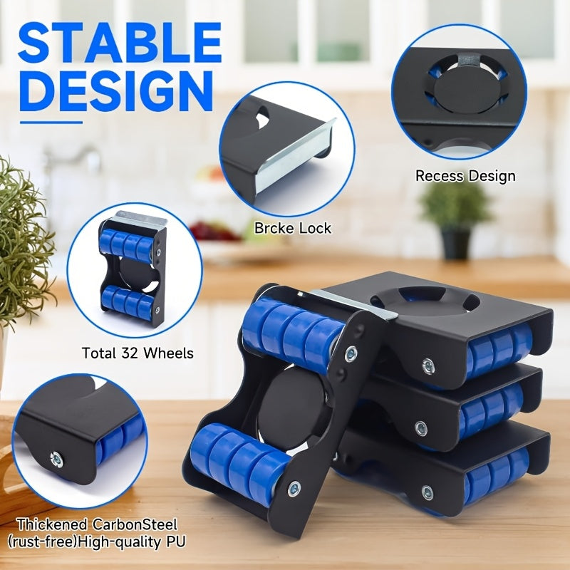 Furniture Sliders of 4 Metal Furniture Movers with 8 Wheels - Heavy Duty Furniture Lift Mover Tool Set of 340.19 KG Load Capacity Easy Sliders Roller Dolly for Moving Cabinet Piano Appliances Sof